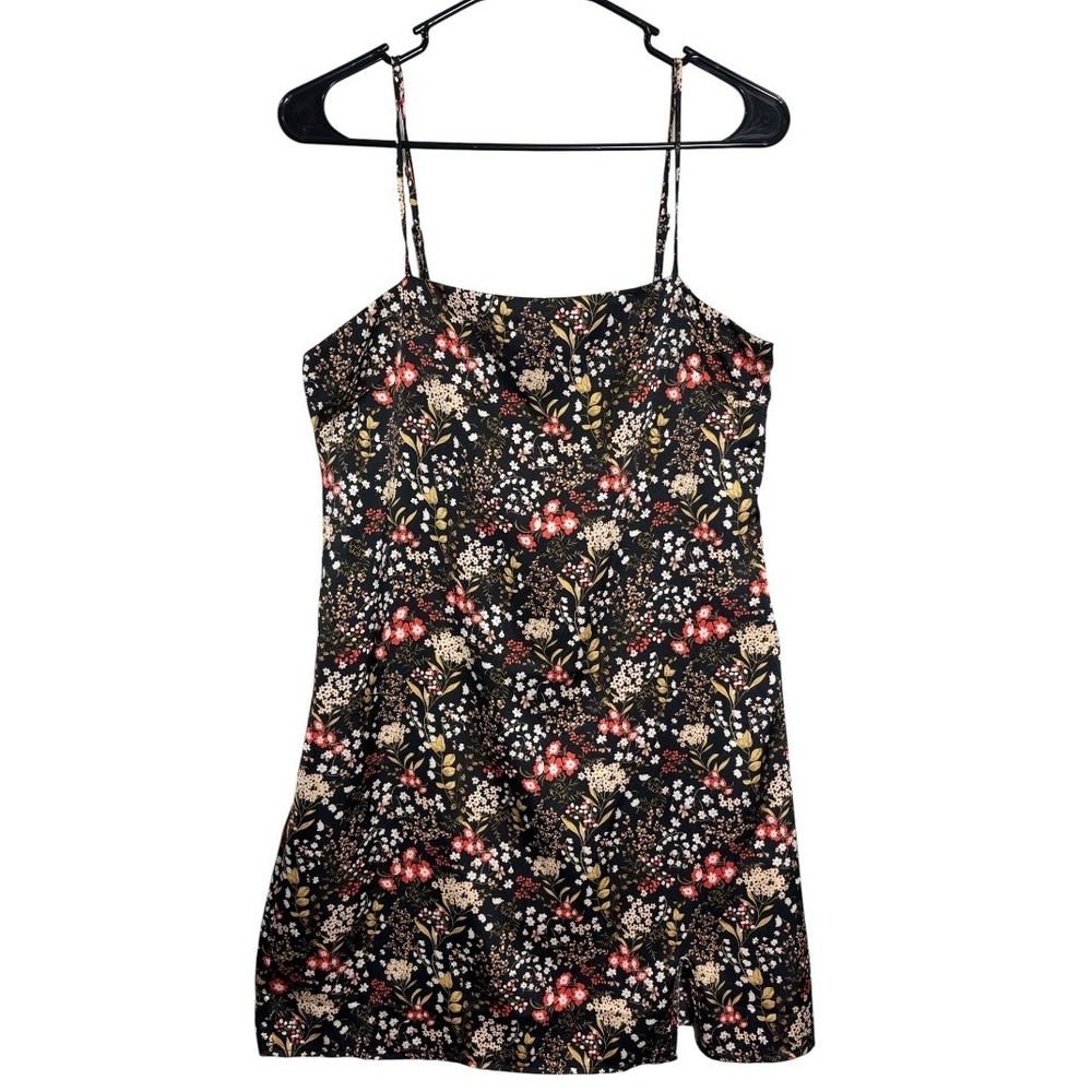 Forever 21 Floral Slip Dress Womens Medium Black Red White Mini Side Zipper Slit
